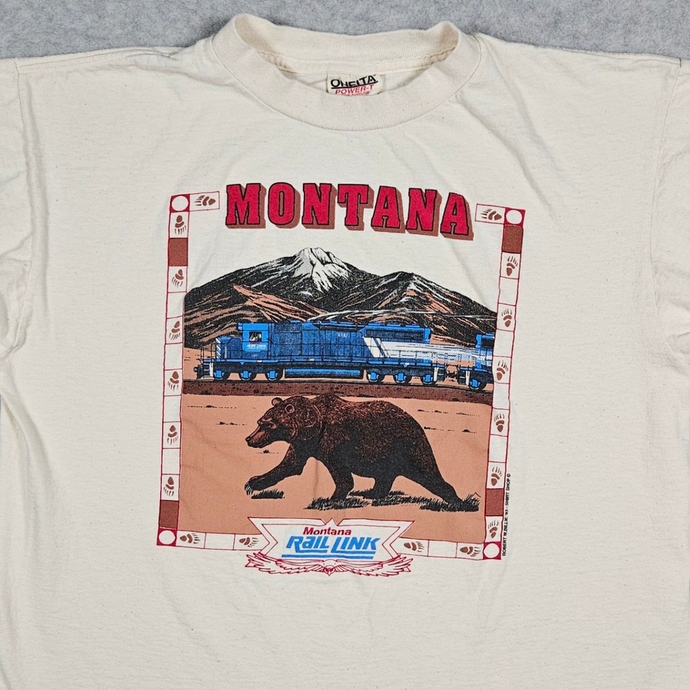 Vintage Montana Rail Link Men's Large Cream T-Shirt Grizzly Bear Train 1993 Tee